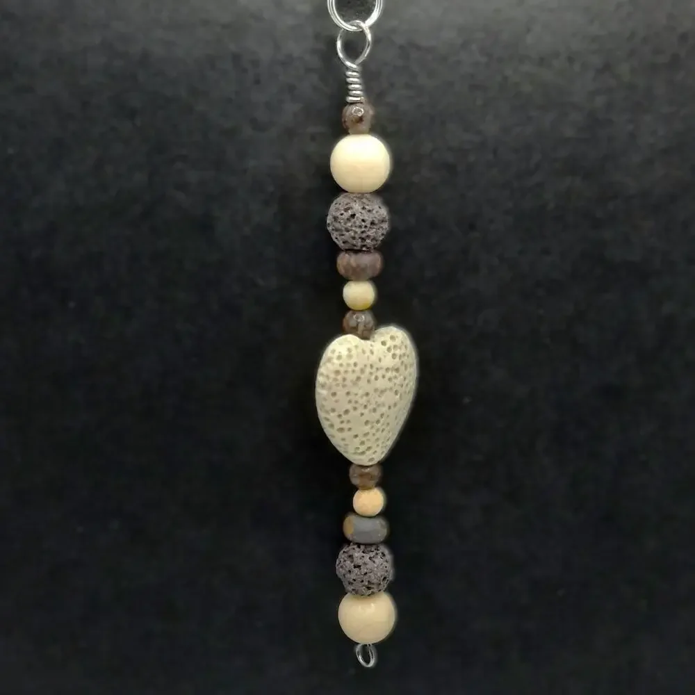Handmade Beaded Diffuser Bag Charm Large Cream Lava Heart Gemstone Keychain NEW